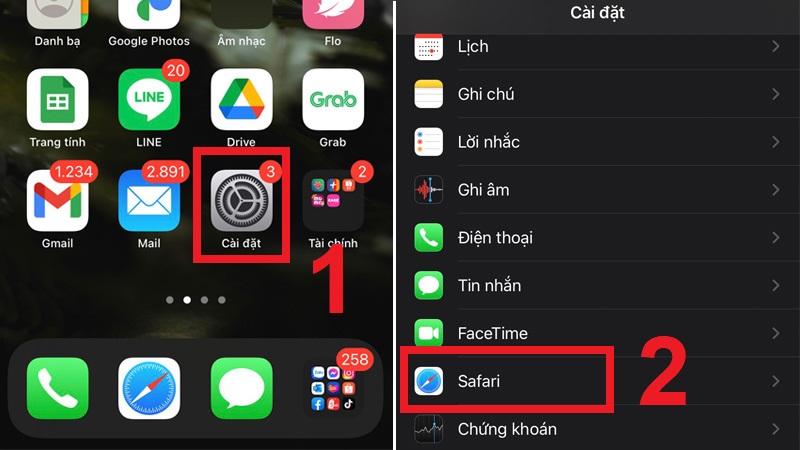 Truy cập Cài đặt rồi chọn mục Safari