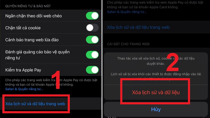 Xác nhận Xóa lịch sử và dữ liệu trang Web