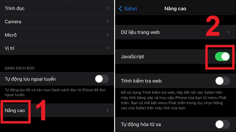 Trong mục Nâng cao bật tính năng JavaScript