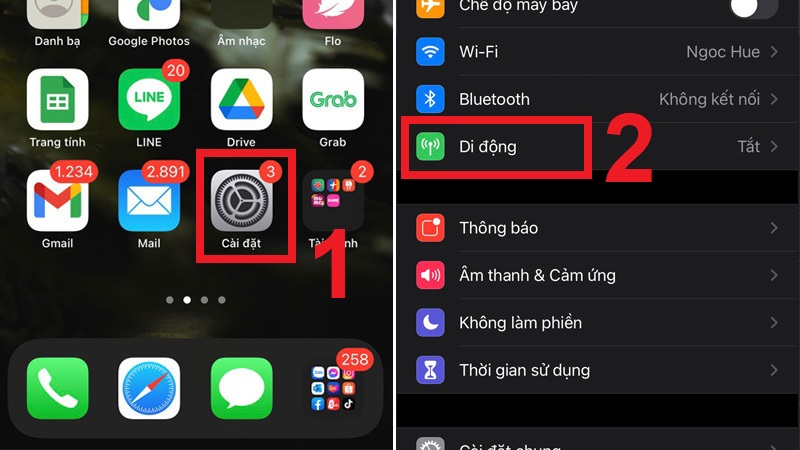 Chọn mục Di động trong Cài đặt iPhone