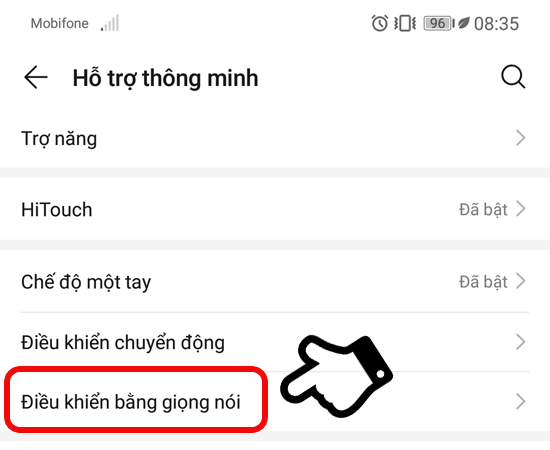 thấy Điều khiển bằng giọng nói, chọn chỗ này