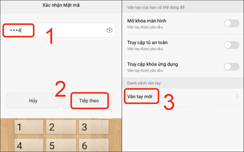 Nhập mật khẩu, chọn Tiếp theo rồi nhấn chọn mục Vân tay mới