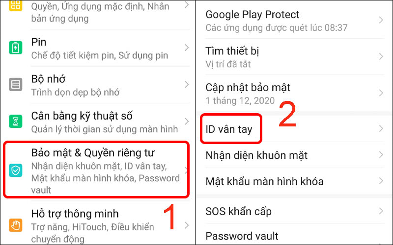 Nhấn vào Bảo mật & Quyền riêng tư rồi chọn ID vân tay