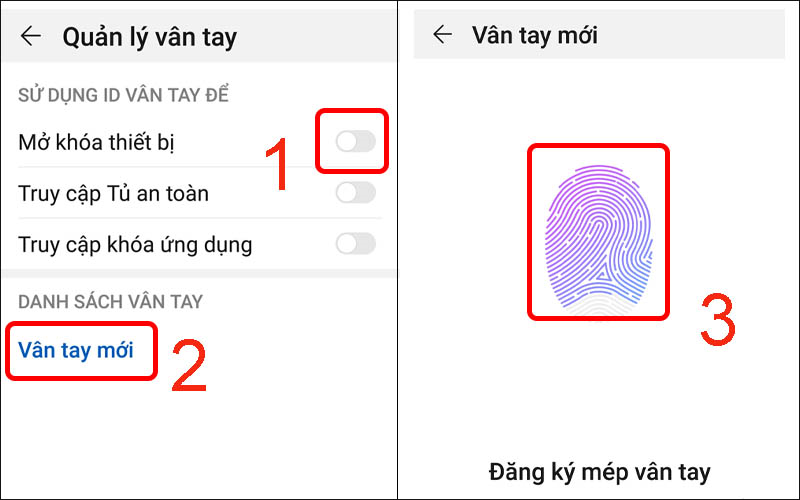  Mở khóa thiết bị, chọn Vân tay mới rồi đặt ngón tay bên vị trí mở vân tay