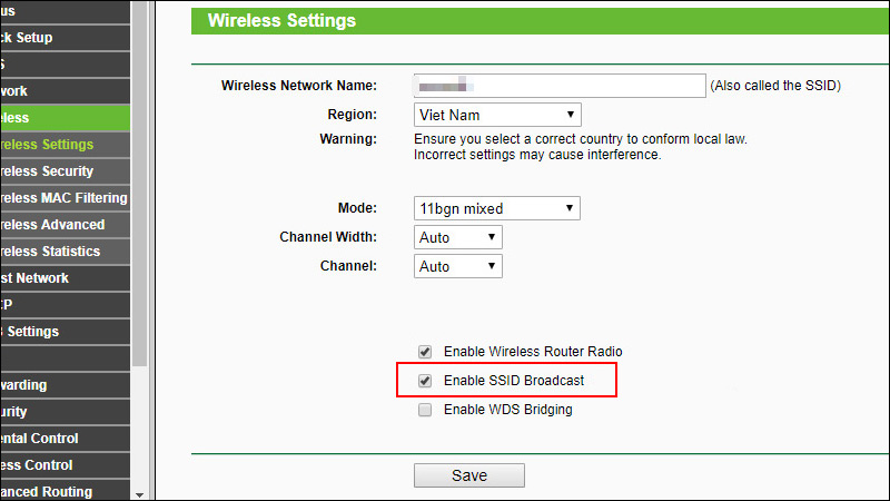 Tắt SSID broadcast 