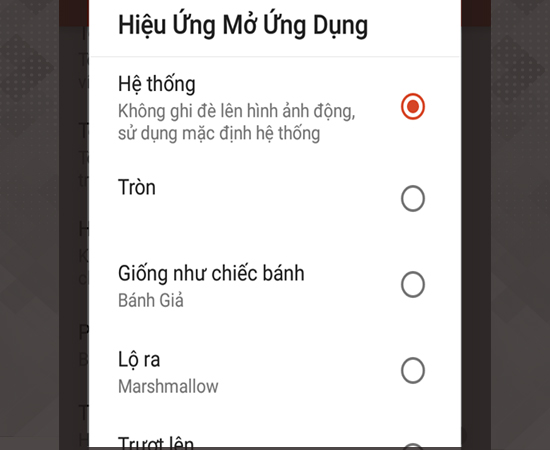 Bước 6: Bạn cũng có thể thay đổi hiệu ứng mở ứng dụng bằng cách nhấn vào giao diện, chọn hiệu ứng mở ứng dụng và chọn hiệu ứng bạn thích