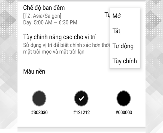 Bước 4: Chọn chủ đền sáng hay tối bằng cách chọn vào mục chế độ ban đêm, ở đây có các chế độ tắt, mở, tự động