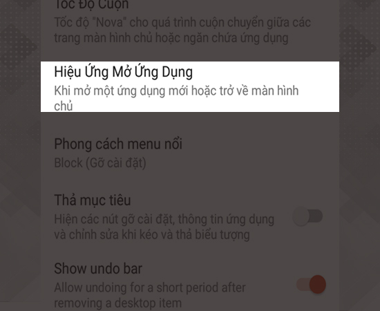 Bước 6: Bạn cũng có thể thay đổi hiệu ứng mở ứng dụng bằng cách nhấn vào giao diện, chọn hiệu ứng mở ứng dụng và chọn hiệu ứng bạn thích