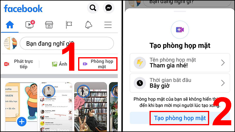 Bước 1: Bạn vào ứng dụng Facebook trên điện thoại, ngay tại giao diện bạn nhấn vào Phòng họp mặt