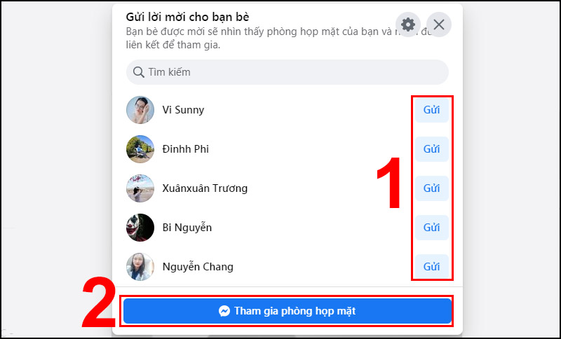 Bạn kéo chuột xuống phía dưới, nhấn Gửi sau đó nhấn Tham gia phòng họp