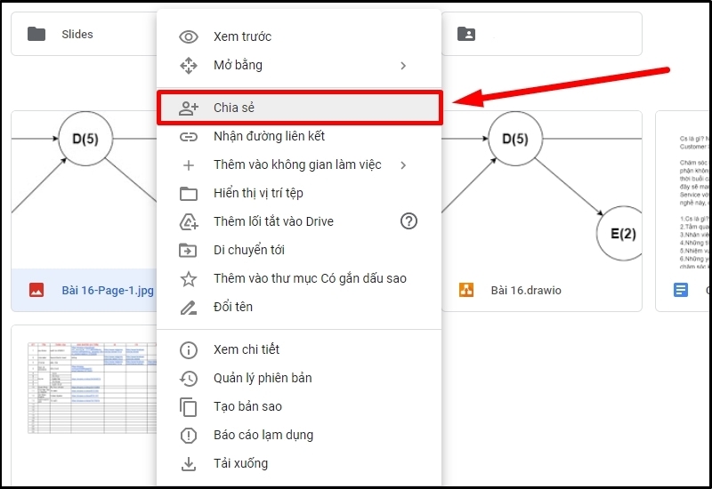 Click chuột phải và chọn Chia sẻ ở tệp bạn muốn mở quyền truy cập