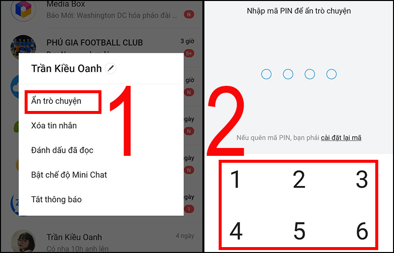 Để ẩn tin nhắn, bạn chọn Ẩn trò chuyện > Nhập mã PIN của bạn (Nếu bạn chưa đặt hay quên mã Pin bạn có thể chọn Cài đặt lại mã để đặt lại).