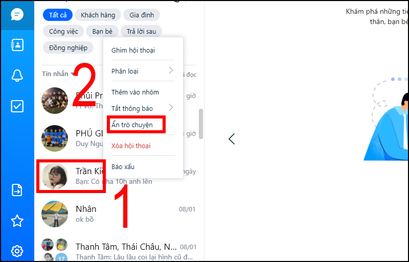 Bạn đăng nhập vào Zalo Web trên máy tính > Nhấn chuột phải vào cuộc trò chuyện cần ẩn > Chọn Ẩn trò chuyện > Nhập mã PIN để ẩn trò chuyện.