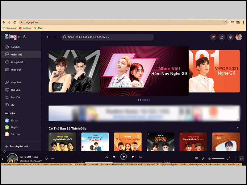 Giao diện chính của Zing MP3 trên máy tính
