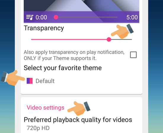 Chuyển sang tab SETTING để tùy chỉnh thêm: Chủ đề (Theme) của video, Thiết lập độ trong suốt (Transparency) cho phần khung cửa sổ, Chọn chất lượng video (Video settings)..