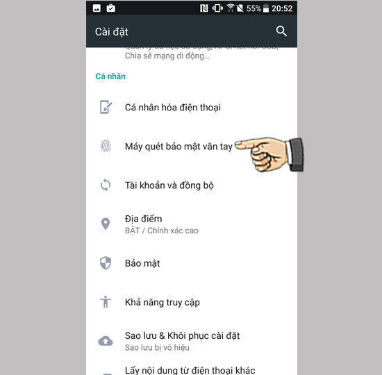 chọn Máy quét bảo mật vân tay