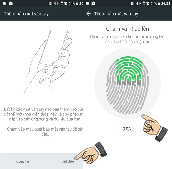 Bước 4: Bắt đầu thiết lập vân tay theo chỉ dẫn.