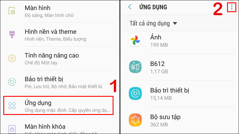 Chọn Ứng dụng và chọn dấu 3 chấm ở góc phải