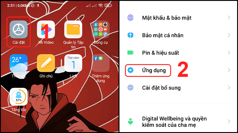 Vào Cài đặt và chọn Ứng dụng