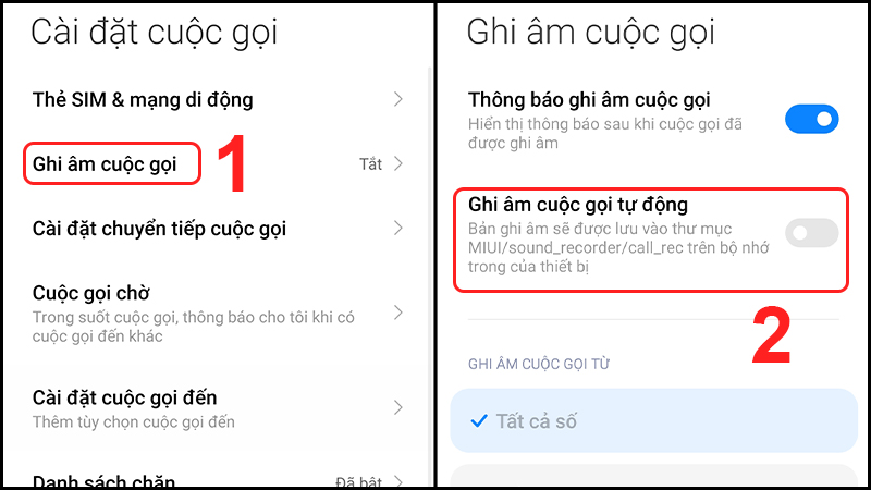 Chọn Ghi âm cuộc gọi tự động