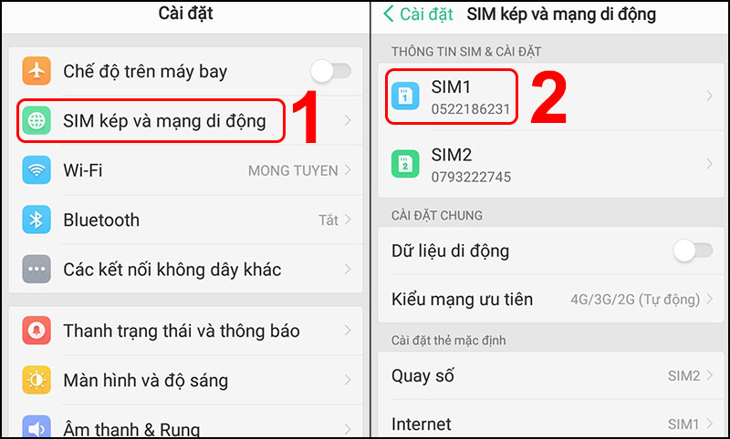 Chọn SIM kép và mạng di động