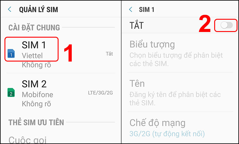 Gạt thanh trạng thái sang phải để bật SIM 1