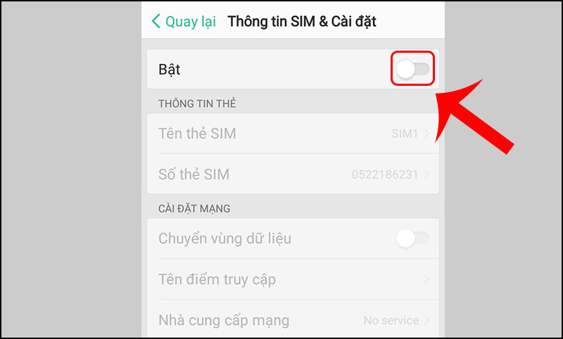 Gạt thanh trạng thái sang phải để bật SIM 1