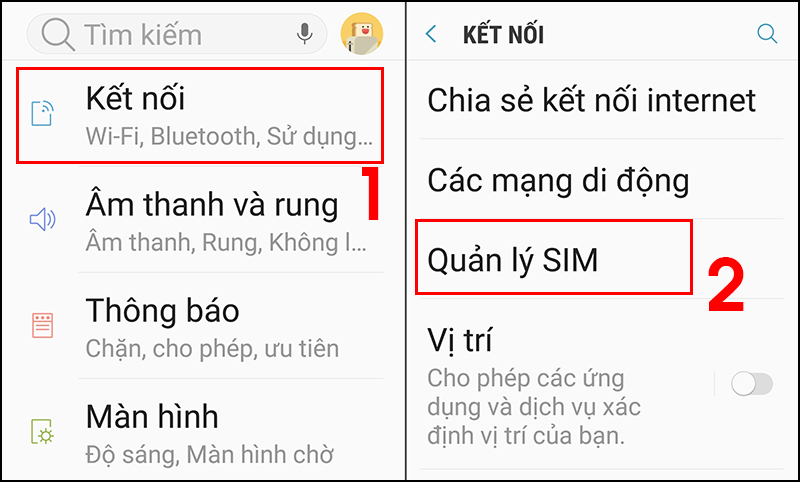 Tìm mục Quản lý SIM