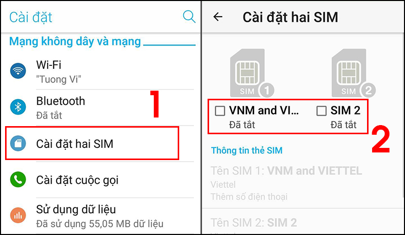 Nhấn vào SIM 1 và SIM 2 để bật 2 SIM