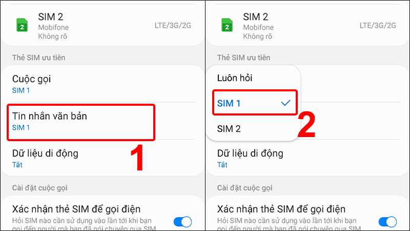 Lựa chọn SIM để gửi tin nhắn văn bản