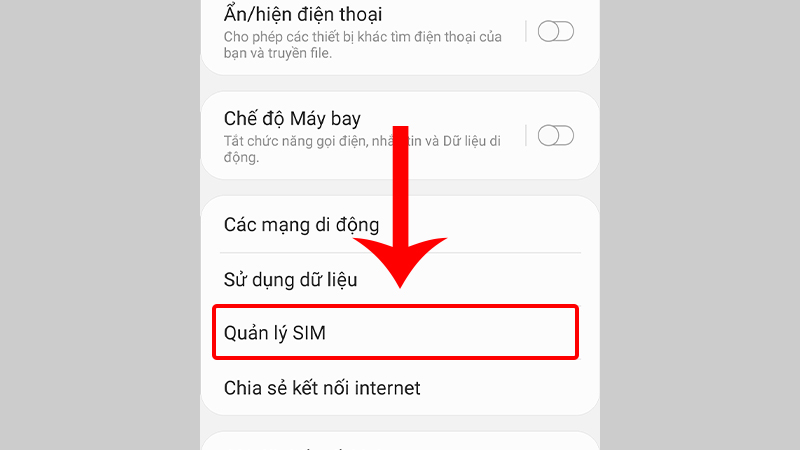 Chọn mục Quản lý SIM