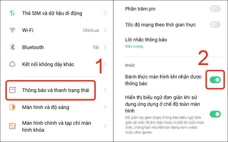 Bật Đánh thức màn hình khi nhận được thông báo trong thông báo và thanh trạng thái