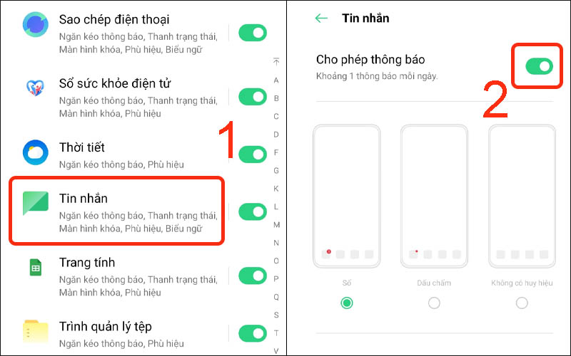 Bật cho phép thông báo ứng dụng tin nhắn