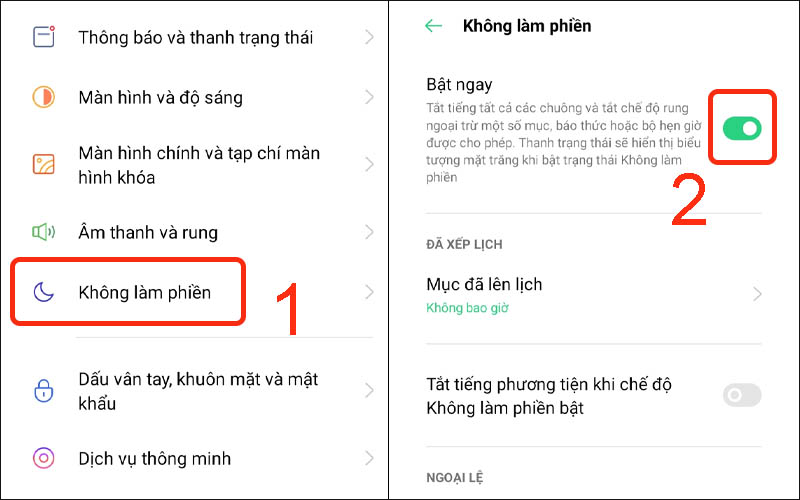 Bật chế độ không làm phiền tại mục bật ngay