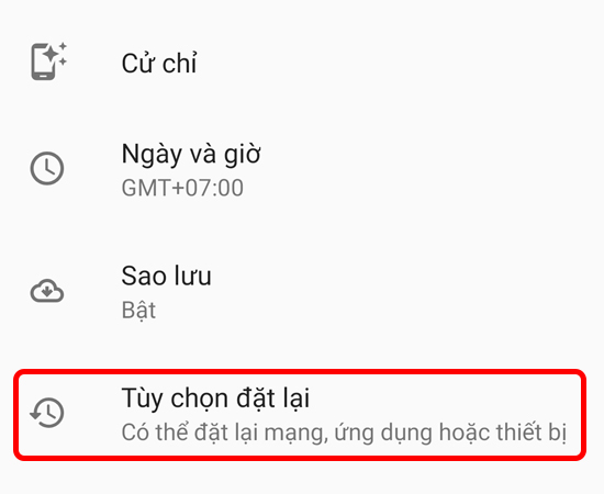 Bước 3: Chọn vào mục Tùy chọn đặt lại để tiếp tục.