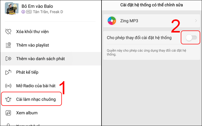 Chọn Cài làm nhạc chuông và gạt nút Cho phép thay đổi cài đặt hệ thống