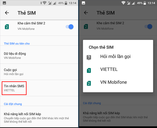 Bước 3: Hãy cài đặt SIM cho Tin nhắn SMS.